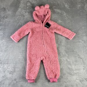 Okie Dokie Baby Pink Sherpa Hooded Coverall‎ 12M Faux Fur Bear Ears New Tag Cozy